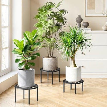 TOSKING 3-Pack Fully Assembled Heavy Duty Low Metal Plant Stand for Indoor & Outdoor – Original Geometric Flower Pot Holder for Heavy Potted Plant, Rustproof Iron Riser with Adjustable Feet, 200 LBS & 150 LBS, No Installation, Black (10.24" & 8.66" Dia) -