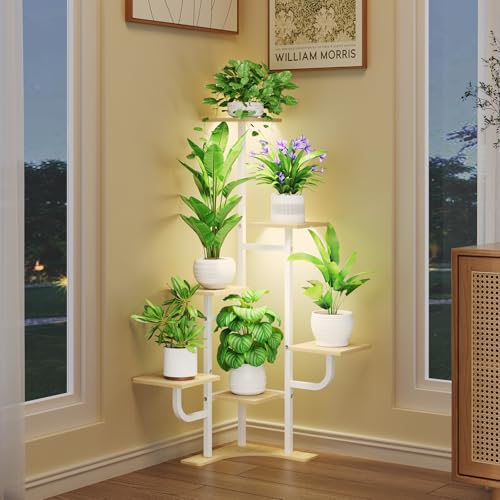 Corner Plant Stand with Grow Light - 6 Tier Plant Stand Indoor Square Metal Plant Shelf with Adjustable Light, Plant Organizer for Living Room, Garden, Home Decor, Maple - color: Square-Maple-with Lights