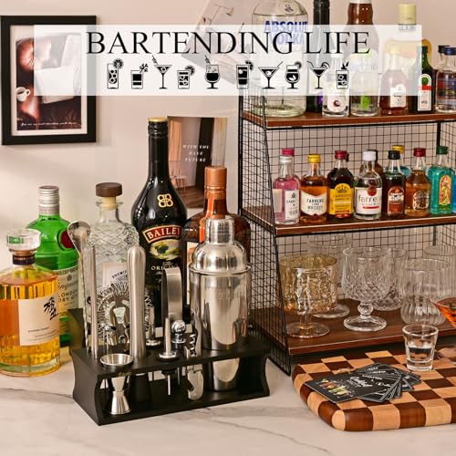 Bartender Kit Cocktail Shaker Set with Stand 17-Piece Bar Tool Bar Set for Drink Mixing Home Bartending Kit Bar Cart Accessories: Martini Shaker, Mixer Spoon, Jigger, Muddler, Strainer & Recipes Gifts - color: Black Silver - 17pcs