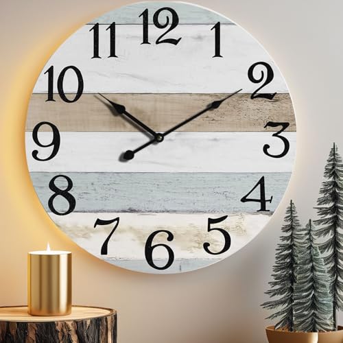 24 Inch Wall Clock Wood Round Silent Non-Ticking Clock | Large Rustic Farmhouse Blue Wall Clock, Battery Operated, Vintage Decorative Clock for Living Room Kitchen - color: Powder Blue