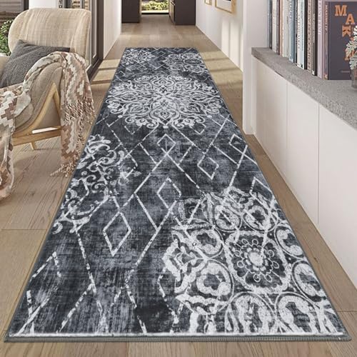 HEBE Hallway Runner Rug 2'8''x8', Washable Non Slip Kitchen Rug Runner | Soft Boho Bedroom Runner Rug, Vintage Distressed Low-Pile Floor Carpet Runners for Hallway, Entrance, Bathroom, Laundry - color: Black/Grey, size: 2'8" x 8' (Rectangular)