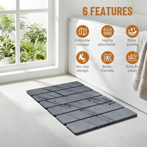 Luxspire Stone Bath Mat, Stone Shower mat Foldable 24x16, Marble Gray | Quick & fast drying diatomaceous earth, Non-slip rubber base, Easy-clean surface for bathroom floor & outside shower - color: E-marble Gray