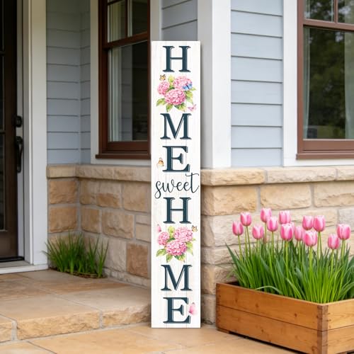 Welcome Sign for Front Door, Large 47 inch Wood Framed Welcome to Our Home Sign with Spring Flower Print & Hanging Rope, Vertical Farmhouse Wooden Board Standing for Front Door Porch Patio Outdoor Decor - color: Flower