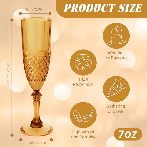 12 Pack Plastic Champagne Flutes, Amber Reusable Champagne Glass | Unbreakable Hard Plastic Mimosa Cups Bulk with Stem, Fancy Stemware for Wedding, Party & NYE Celebration - color: Amber