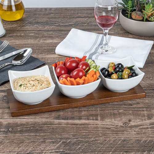 Restaurantware-15 Ounce Bowl Set with Tray - 1 Dishwashable Serving Set, Includes 3 Porcelain Bowls And 1 Bamboo Tray, Durable, White Porcelain And Bamboo Bowl And Platter Kit, Reusable, Freezable - size: Triple set, style: Cocktail