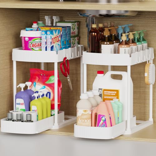 2 Packs Under Sink Pull-Out Storage Organizers, 12.8 Inches, White | Multi-Purpose Cabinet Organizers and Storage for Bathroom & Kitchen - color: White, size: 12.8 Inch