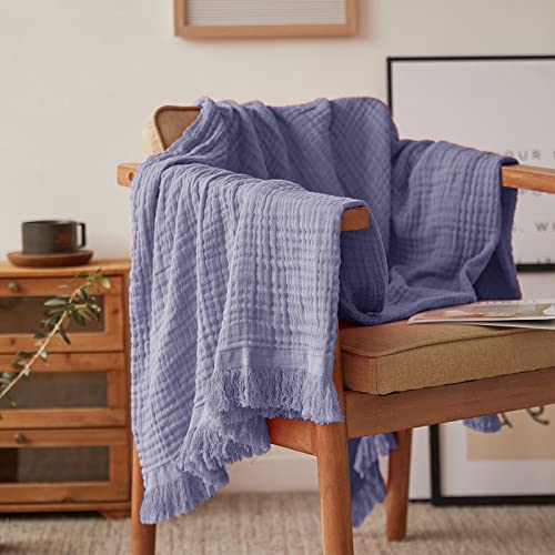 Simple&Opulence Cotton Muslin Throw Blanket for Bed, Couch, Knit Woven Gauze Blanket with Tassels, Soft Lightweight Cozy Pre-Washed Breathable Farmhouse Decoration for All-Season (Lavender) - color: Lavender