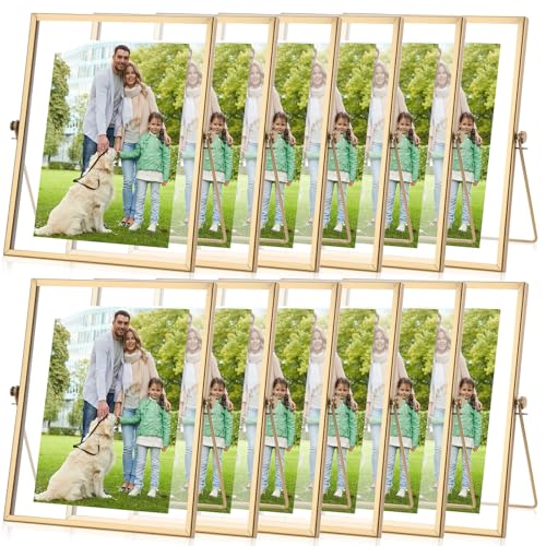 12 Pack 7 x 9 Inch Gold Floating Frame for Photo 5 x 7 Inch, Glass Floating Picture Frame Collection Vintage Metal Minimal Ornate Easel for Wedding Gift Pictures Photos Desk Tabletop Display - color: Gold, size: 5 x 7 Inches