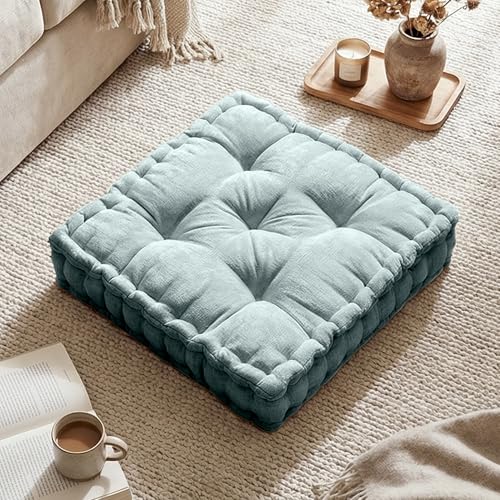 Intelligent Design Floor Pillow Large Meditation Cushion, 20x20 Aqua | Sitting for Adults Yoga, Shredded Foam Filled, Chenille Tufted Cover, Handsewn Scalloped Edge, OEKO-TEX Certified - color: Aqua