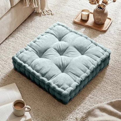 Intelligent Design Floor Pillow Large Meditation Cushion, 20x20 Aqua | Sitting for Adults Yoga, Shredded Foam Filled, Chenille Tufted Cover, Handsewn Scalloped Edge, OEKO-TEX Certified - color: Aqua