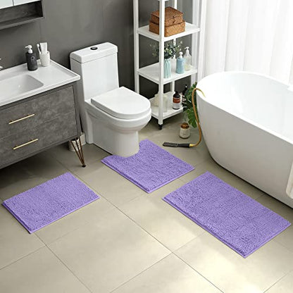 HOMEIDEAS 3 Pieces Bathroom Rugs, Ultra Soft Non Slip Absorbent Chenille Toilet Bath Mat Set (Lavender) - color: Purple-lavender, size: 17"x24"+20"x32"+U Shape 20"x24"