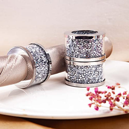 SHYFOY Silver Crushed Diamond Napkin Rings Set of 4,Bling Glass Table Decor | Stainless Steel Glass Frame Napkin Rings, Luxury Style for Wedding Receptions, Holiday and Banquet Table Arrangement - size: 4 Pieces