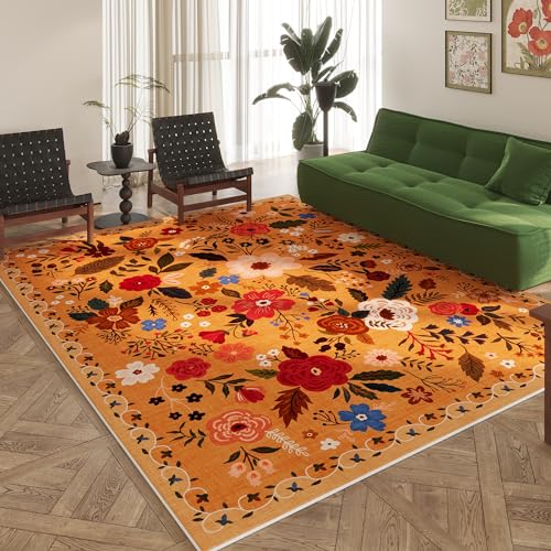 Rugcomf Area Rugs 8x10 Rug for Living Room Clearance Washable Boho Area Rug Non Slip Floral Vintage Low Pile Large Rug for Living Room, Bedroom, Farmhouse, Dining Room, Kids Playroom(Yellow) - color: Yellow Orange, size: 8' x 10' (Rectangular)