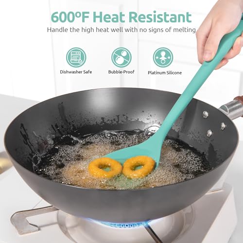 U-Taste 600ºF High Heat 16in Silicone Kitchen Tong and 600ºF Heat Resistant 13.76" Long, 3.63" Wide Wok Spatula for Kitchen Stir Fry (Aqua Sky)