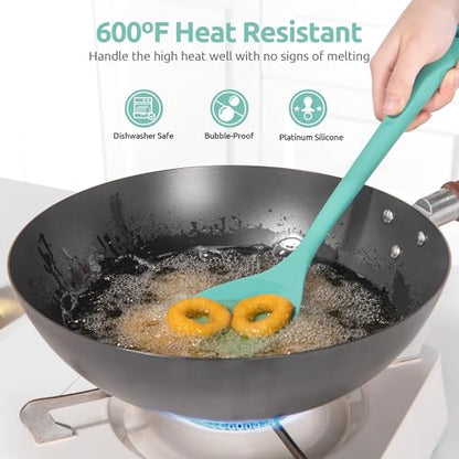 U-Taste 600ºF High Heat 16in Silicone Kitchen Tong and 600ºF Heat Resistant 13.76" Long, 3.63" Wide Wok Spatula for Kitchen Stir Fry (Aqua Sky)