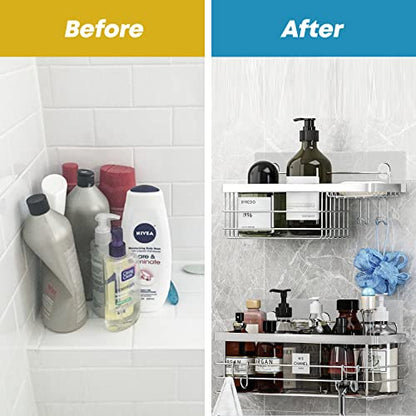 KESOL Shower Caddy and Soap Dish Holder with Hooks, Rust Resistant, 2 Pack | Shower Shelf Organizer, No Drilling Adhesive Wall Mounted Bathroom Shelf, Stainless Steel, Silver
