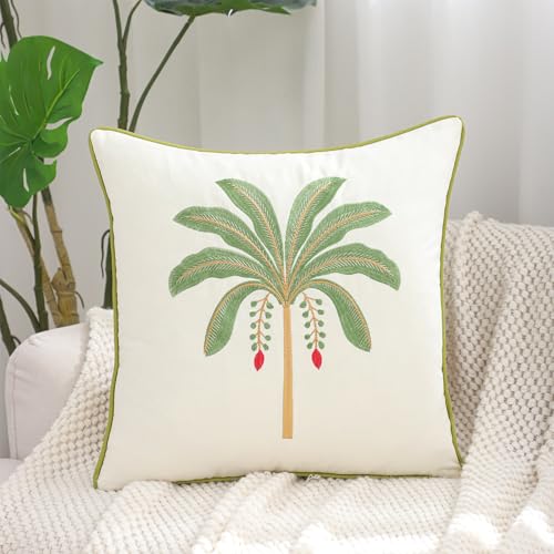 Embroidered Throw Pillow Covers 18x18 Pack of 2 Sage Green Palm Tree | Ocean-Themed,Durable Fabric,Square Pillow Cover,Boho Decorative,Hidden Zipper,Aesthetic Design,Ideal Gift,Machine Washable - color: Sage Green Palm Tree