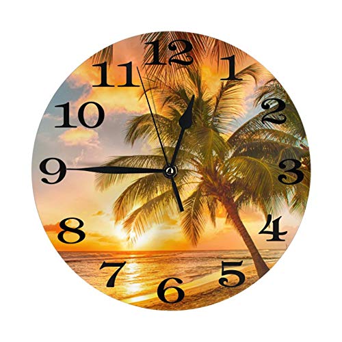 Palm Tree and Sea Beach Wall Clock Battery Operated Silent Round Clock Sunset Landscape Wall Decor for Home, Office, School 9.8 Inch - color: Sunset on the Beach, size: 10 Inch