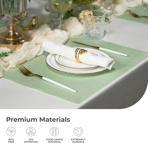 Leetaltree Sparkling Crisp Green Sequin Woven Vinyl Placemats, Set of 4 - Waterproof & Washable Dining Table Mats for Wedding, Anniversary, Daily Use, Hand-Cut - color: 00- Crisp Green Sequin, size: Set of 4