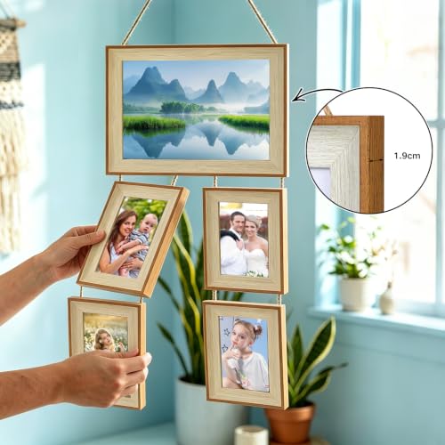 8.5x10 & 4x6 Picture Frame Hanging Wall Collage Picture Frame Set, Holds 1 Large 8.5x10 and 4 Small 4x6 Photos, 5 Openings Wall Picture Frame for Home Deor - color: Yellow and White