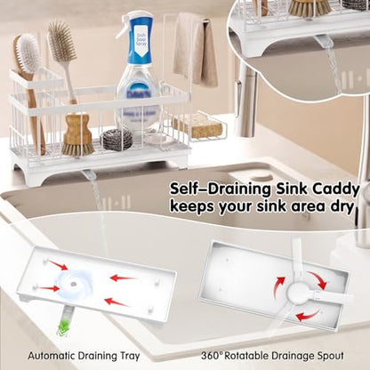 VOOWO Sponge Holder for Kitchen Sink, Compact Sink Caddy with Brush Holder | 304 Rustproof Stainless Steel Dish Soap Holder, Small Kitchen Sink Organizer, Self-Draining Dish Wand Holder with Towel Rack - color: White