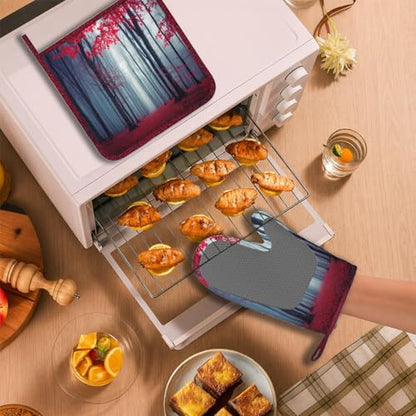 Misty Forest Oven Mitt and Pot Holder with Silicone Woodland Mountain Heat Resistant Kitchen for Cooking BBQ Baking Grilling Cooking Protection - color: Misty Forest