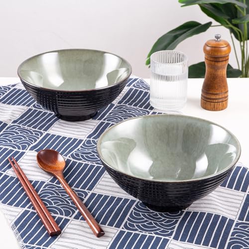 Ceramic Japanese Ramen Bowl Set, 2 Sets Asian Pho Udon Soup Noodle Bowls with Spoons and Chopsticks (Grayish Green, 8 inches) - color: Grayish Green