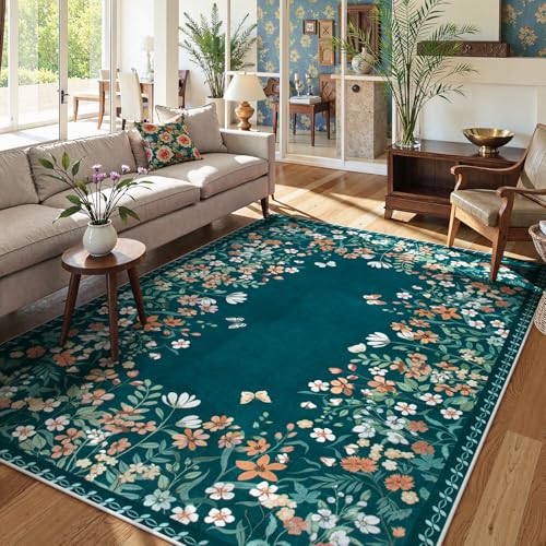 Wonnitar Washable 8x10 Area Rug, Non-Slip Teal Green Floral Rugs for Living Room, Low Pile Soft Bedroom Rug, Stain Resistant Floor Carpet for Dining Room(Teal Green,8'x10') - color: Teal Green, size: 8' x 10' (Rectangular)