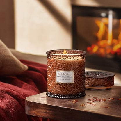LA JOLIE MUSE Holiday Glow Candle Trio | 3×19 oz | Ruby Berry Bliss, Hearth & Velvet Flames, Starlit Golden Fir | Festive Soy Candles | Gift-Wrapped Wooden Wicks