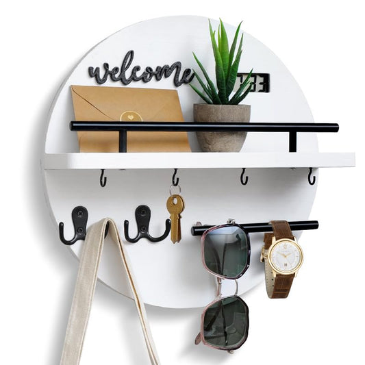 Key Holder for Wall, Key and Mail Holder Organizer with - Key Holder Wall Mount - Round Wooden Rustic Home Decor for Entryway, Mudroom, Hallway, Kitchen Office (White&Black) - color: White & Black