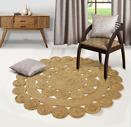 GRUHUM Jute Area Rug 5ft Round Natural Hand Woven Boho Charm Farmhouse Rug | 100% Natural Jute Braided Rustic Vintage Beige Reversible Low Pile EcoFriendly Indoor Bedroom Living Room Hallway Home Decor - color: Natural- 29, size: 5' (Round)