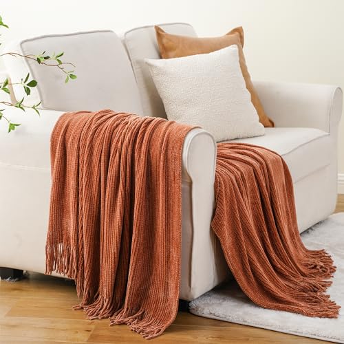BATTILO HOME Rust Orange Throw Blanket for Couch, 50"x60" | Soft Chenille Knit Blanket with Tassels for Home Decor, Spring Fall Decor Throws for Couch Cover - color: Chenille-caramel, size: 50 x 60 in.