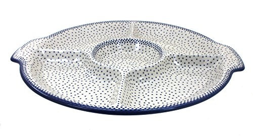 Blue Rose Polish Pottery - Blue Small Dots Chip & Dip Plate - 12.5" Diameter - Great for Birthday Parties, Baby Showers, & Superbowl Parties