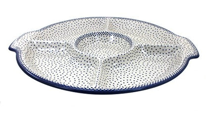 Blue Rose Polish Pottery - Blue Small Dots Chip & Dip Plate - 12.5" Diameter - Great for Birthday Parties, Baby Showers, & Superbowl Parties