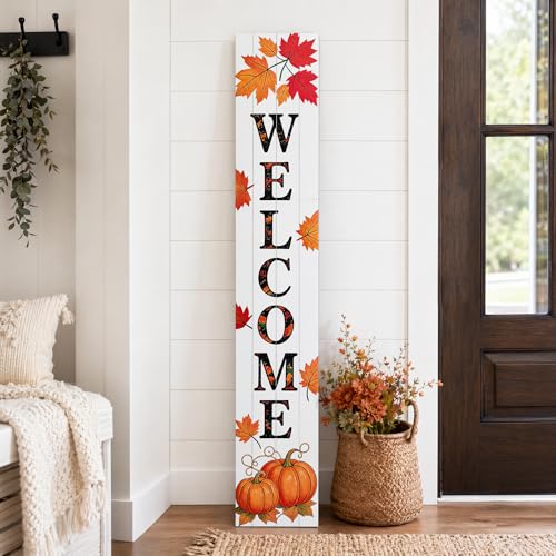 Vertical Wooden Fall Welcome Porch Sign,Rustic Autumn Porch Standing Sign,Decorative Leaning Sign for Front Entrance,Farmhouse Style Outdoor Welcome Decoration-47.2" H.