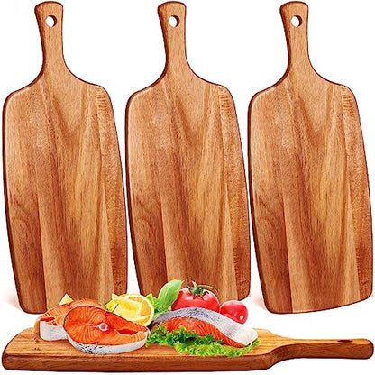 Kathfly 3 Pcs Acacia Wood Cutting Board with Handle Wooden Laser Kitchen Serving Charcuterie Board for Vegetables Meat Pizza Cheese Fruit Bread(17 x 7 Inch) - size: 17 x 7 Inch