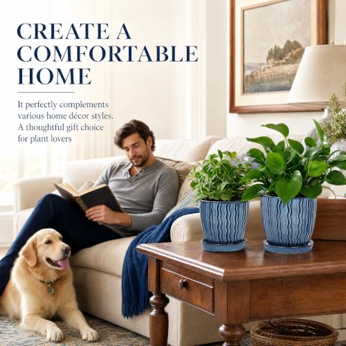 Ceramic Plant Pots, Modern Flower Pots, Small Plant Pots 4.5+5.5inch | Flower Pots Indoor Planters with Drainage and Tray, Modern Indoor Plant Pots for Home and Office, Small Planters - color: Blue