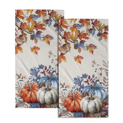 Fall Blue Orange Pumpkins Hand Towels Set of 2 - Autumn Thanksgiving Harvest Maple Leaves Guest Towels 14.4 x 28.3 Inch Farmhouse Fingertip Bathroom Towel for Seasonal Home Kitchen Gym Decoration - color: Fall Maple Leaves Pumpkin
