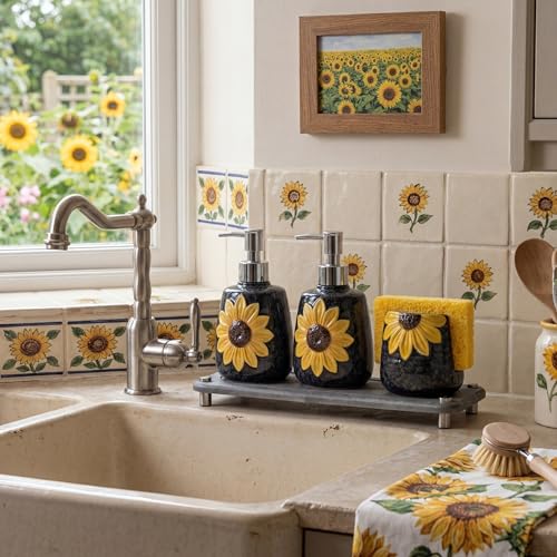 4 Pcs Sunflower Kitchen Decor Ceramic Soap Dispenser Set Comes with Sponge Tray Instant Dry Tray Suitable for Kitchen Accessories Bathroom Decor Housewarming Gifts - style: Sunflower