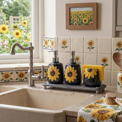 4 Pcs Sunflower Kitchen Decor Ceramic Soap Dispenser Set Comes with Sponge Tray Instant Dry Tray Suitable for Kitchen Accessories Bathroom Decor Housewarming Gifts - style: Sunflower