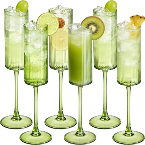 6Pieces Green Crystal Wine Glasses 6OZ Goblet Ribbed Champagne Flutes Mimosa Bar Toasting Glass Champagne Long Stem Vintage Drinking Colored Glasses for Birthday, Wedding, Cocktail Cups - color: Green, size: 6 PCS