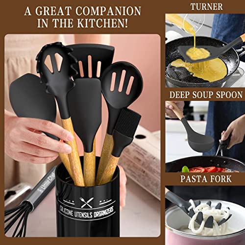 Umite Chef Kitchen Cooking Utensils Set, 33 pcs Non-Stick Silicone Cooking Kitchen Spatula Set with Holder, Wooden Handle Silicone Kitchen Gadgets Utensil Set (Black) - color: Black