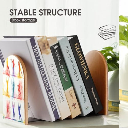 Book Ends for Shelves Heavy Duty Non-Slip Wooden Bookends with Metal Base Modern Decorative Wooden Book Holders Gymnastics Game Book Stopper for Home Office And Library,Books Shelf Holder Organizer Ac