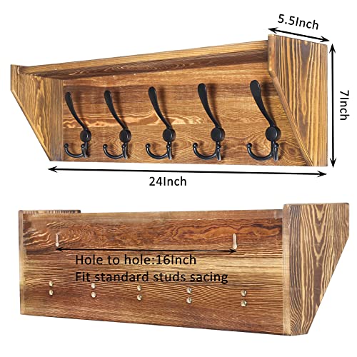 WEBI Wall Shelf with Hooks Underneath,24" Long Wall Mounted Coat Rack with Shelf,5 Triple Hooks,Wall Shelves for Bathroom,Rustic Brown - color: Brown, size: 24 Inch