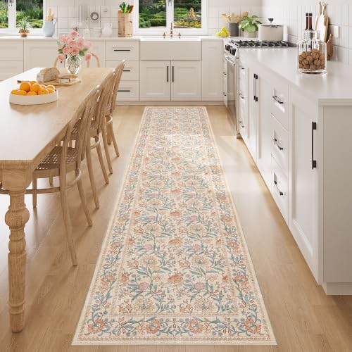 DUKINO 2x8 Runner Rug, Washable Vintage Floral Kitchen Rugs, Beige | Non Slip, Low Pile, Stain Resistant Aesthetic Soft Carpet Runner for Hallway Bathroom Entryway Bedroom Farmhouse Laundry Room - color: Beige Peach, size: 2' x 8' (Rectangular)