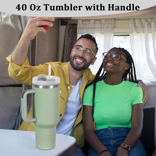 4 Pack 40 Oz Tumbler with Handle Bulk, Double Wall Vacuum Insulated Stainless Steel Tumbler with Lid and Straw, 40 oz cup with Silicone Spill Proof Stopper Set (Dark Green) - color: Dark Green