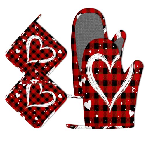 Plaid Love Heart Oven Mitts and Pot Holders Set of 4, Heat Resistant Non Slip Kitchen Gloves Hot Pads, Chef Cooking Baking Gifts for Women Bakers, Kitchen Gifts for Cooking Lover Cooks Mom - color: Plaid Love Heart