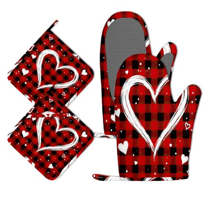 Plaid Love Heart Oven Mitts and Pot Holders Set of 4, Heat Resistant Non Slip Kitchen Gloves Hot Pads, Chef Cooking Baking Gifts for Women Bakers, Kitchen Gifts for Cooking Lover Cooks Mom - color: Plaid Love Heart