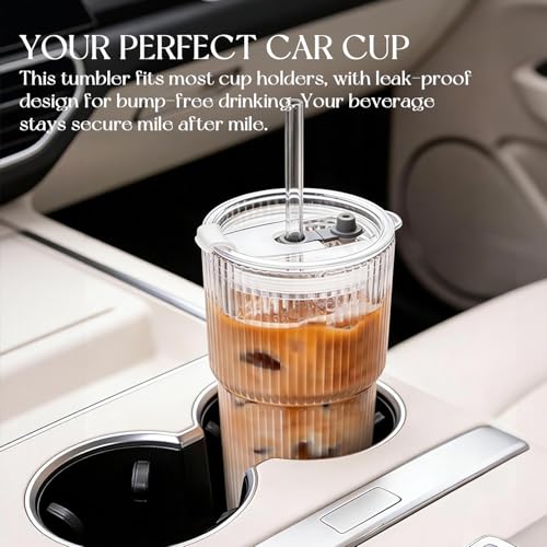 KEMORELA 20oz Ribbed glass cups with lids and straws, Iced Coffee Cups | Reusable thick-wall glass, Leak-Proof Lids, Fits Most Car Cup Holders, For Iced Coffee and Cold Drinks, With Cleaning Brush - size: 20oz 0.3"straw