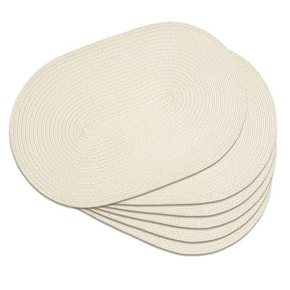 Placemats Set of 6, Woven Oval Braided Dining Table Mats(Cream White) | 12 x 17.5 Inch Size Fits Plates and Flatware; Hand Washable and Heat Resistant for Kitchen Use, with Farmhouse and Boho Style - color: Solid Beige White, size: 6 pcs